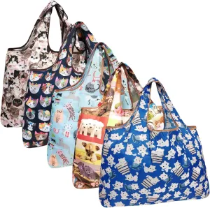 allydrew Large Foldable Tote Nylon Reusable Grocery Bags, 5 Pack