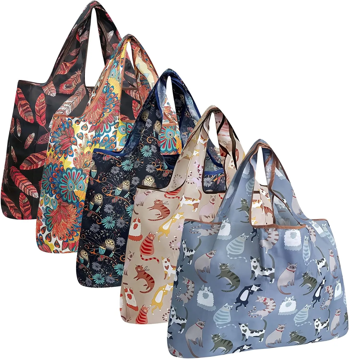 allydrew Large Foldable Tote Nylon Reusable Grocery Bags, 5 Pack