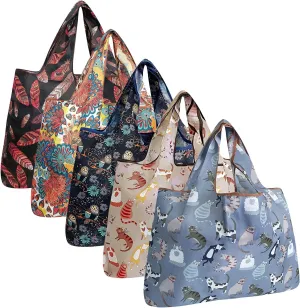 allydrew Large Foldable Tote Nylon Reusable Grocery Bags, 5 Pack