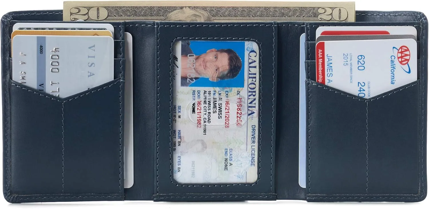 Alpine Swiss Men's Leon RFID Trifold Pocket Wallet – Genuine Leather Wallet for Men, Slim Design with ID Window & Multiple Card Slots, Classic RFID Safe Pocket Wallet in gift box