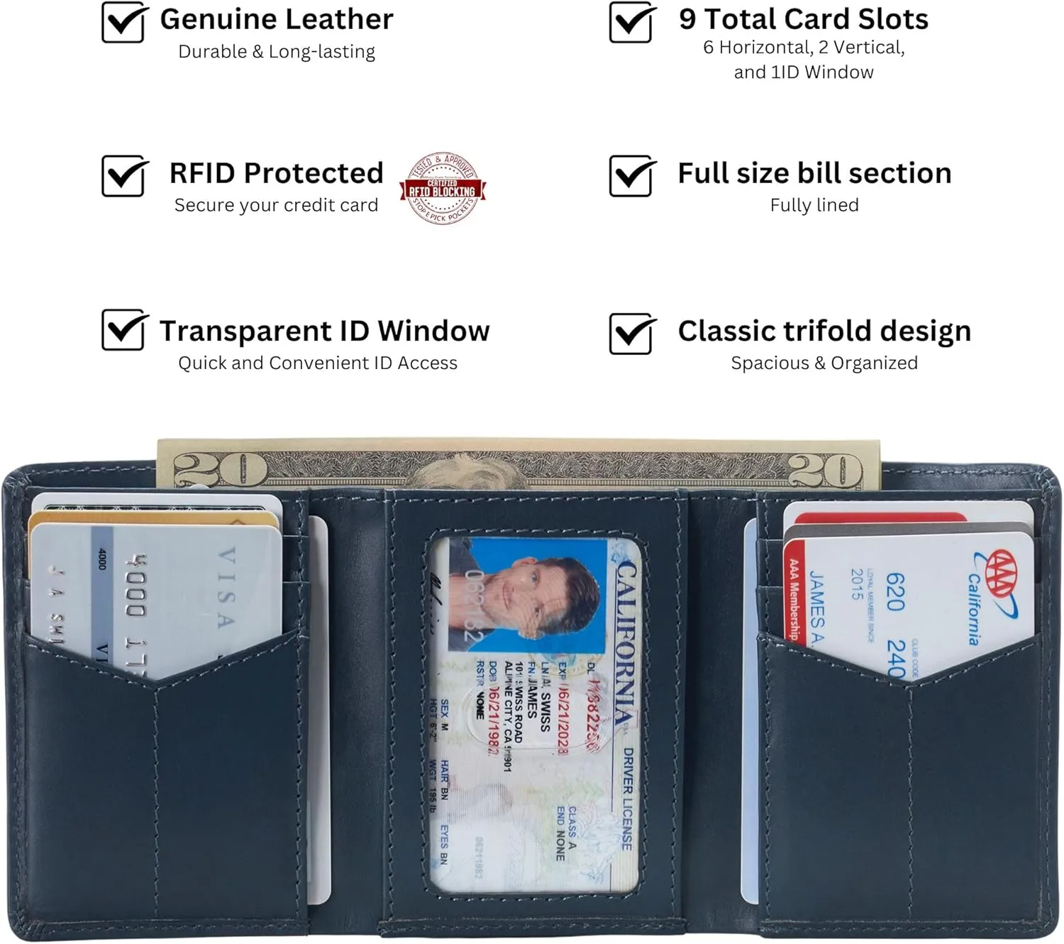 Alpine Swiss Men's Leon RFID Trifold Pocket Wallet – Genuine Leather Wallet for Men, Slim Design with ID Window & Multiple Card Slots, Classic RFID Safe Pocket Wallet in gift box