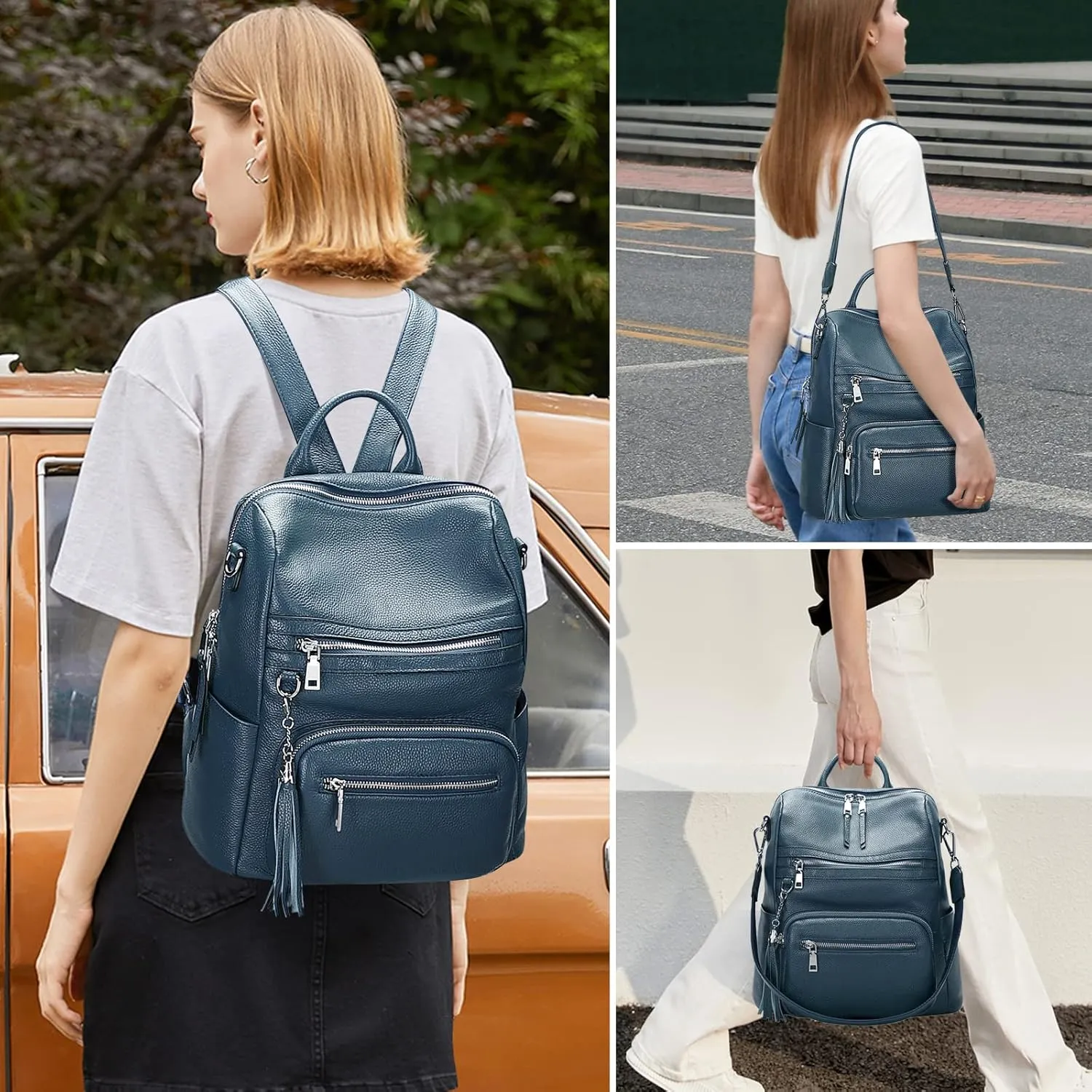 ALTOSY Genuine Leather Backpack Purse for Women Large Shoulder Bag With Laptop Compartment Multiple Pockets(S106 Indigo Blue)
