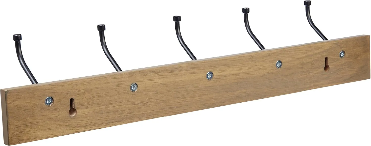 Amazon Basics Rectangular Wall-Mounted Farmhouse Coat Rack, 5 Hook, Barnwood