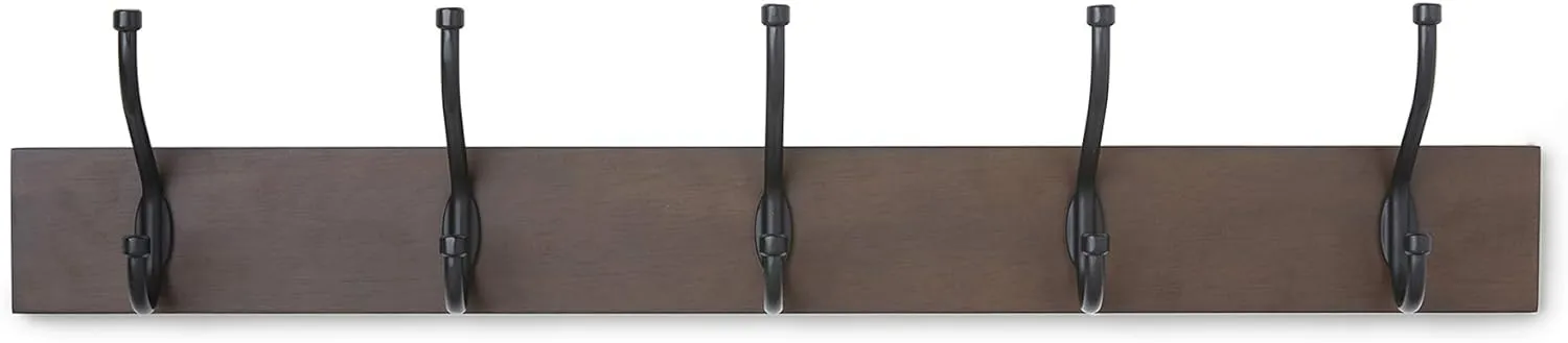 Amazon Basics Rectangular Wall-Mounted Farmhouse Metal, Coat Rack, 5 Hooks, Espresso