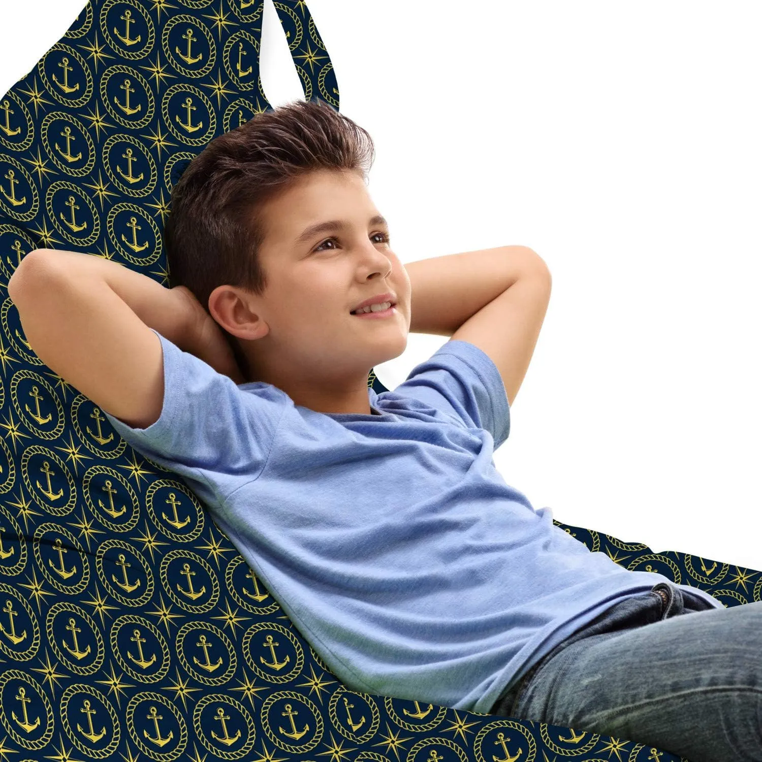 Ambesonne Anchor Lounger Chair Bag, Abstract Cruise Ship Pattern with Windrose Nautical and Anchor Travel Trip, High Capacity Storage with Handle Container, Lounger Size, Indigo Yellow