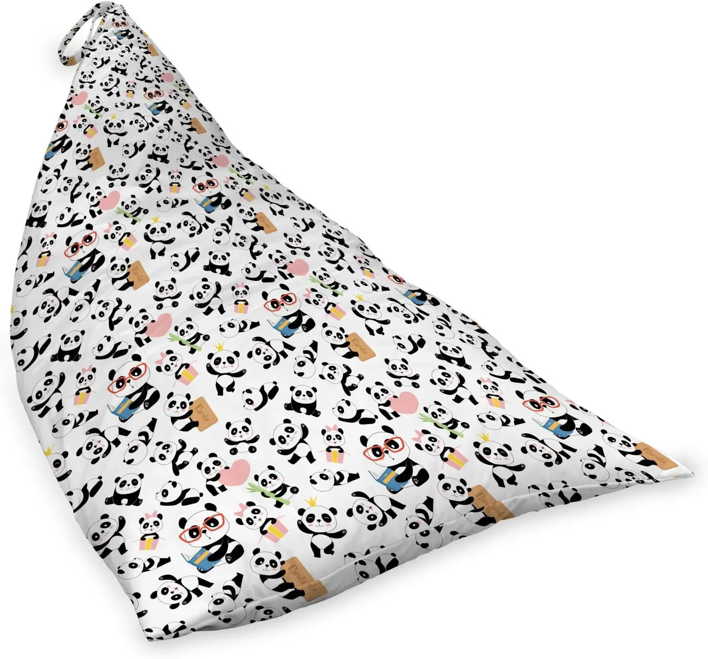 Ambesonne Animals Lounger Chair Bag, Cartoon Pandas Image Along Hearts Gift Box and Books in Style Print, High Capacity Storage with Handle Container, Lounger Size, Multicolor