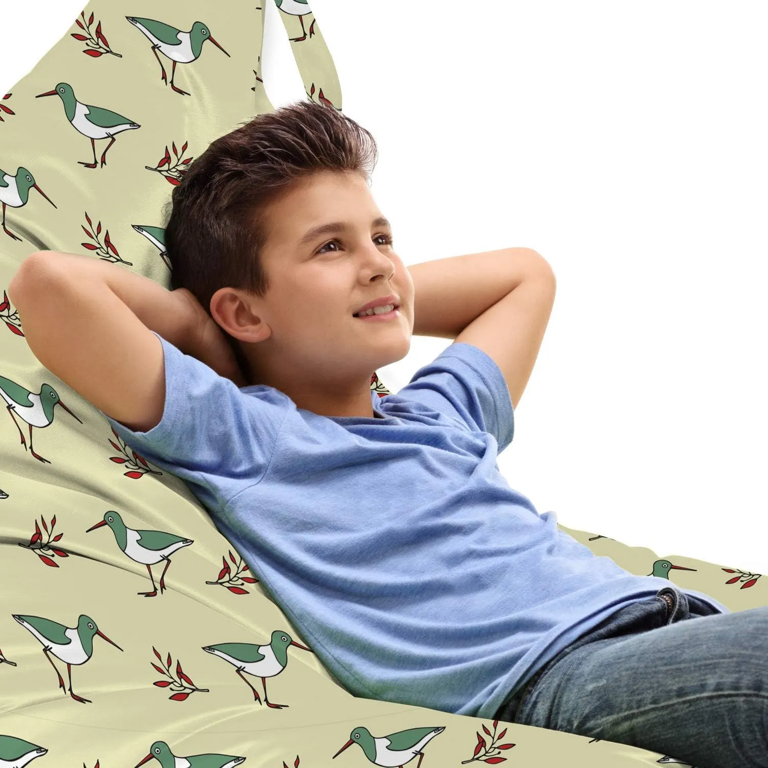Ambesonne Bird Lounger Chair Bag, Pastel Shorebird Flying Animals with Branches Leaves Childish Design Repetition, High Capacity Storage with Handle Container, Lounger Size, Pale Green Red