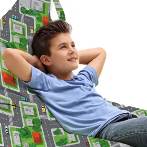 Ambesonne Car Race Track Lounger Chair Bag, Activity Suburb View with Houses Gardens and Trees Cartoon Design, High Capacity Storage with Handle Container, Lounger Size, Multicolor