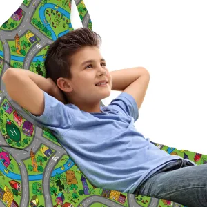 Ambesonne Car Race Track Lounger Chair Bag, Hand-Drawn Style Suburb Cartoon Roadway Activity Design Neighborhood, High Capacity Storage with Handle Container, Lounger Size, Multicolor