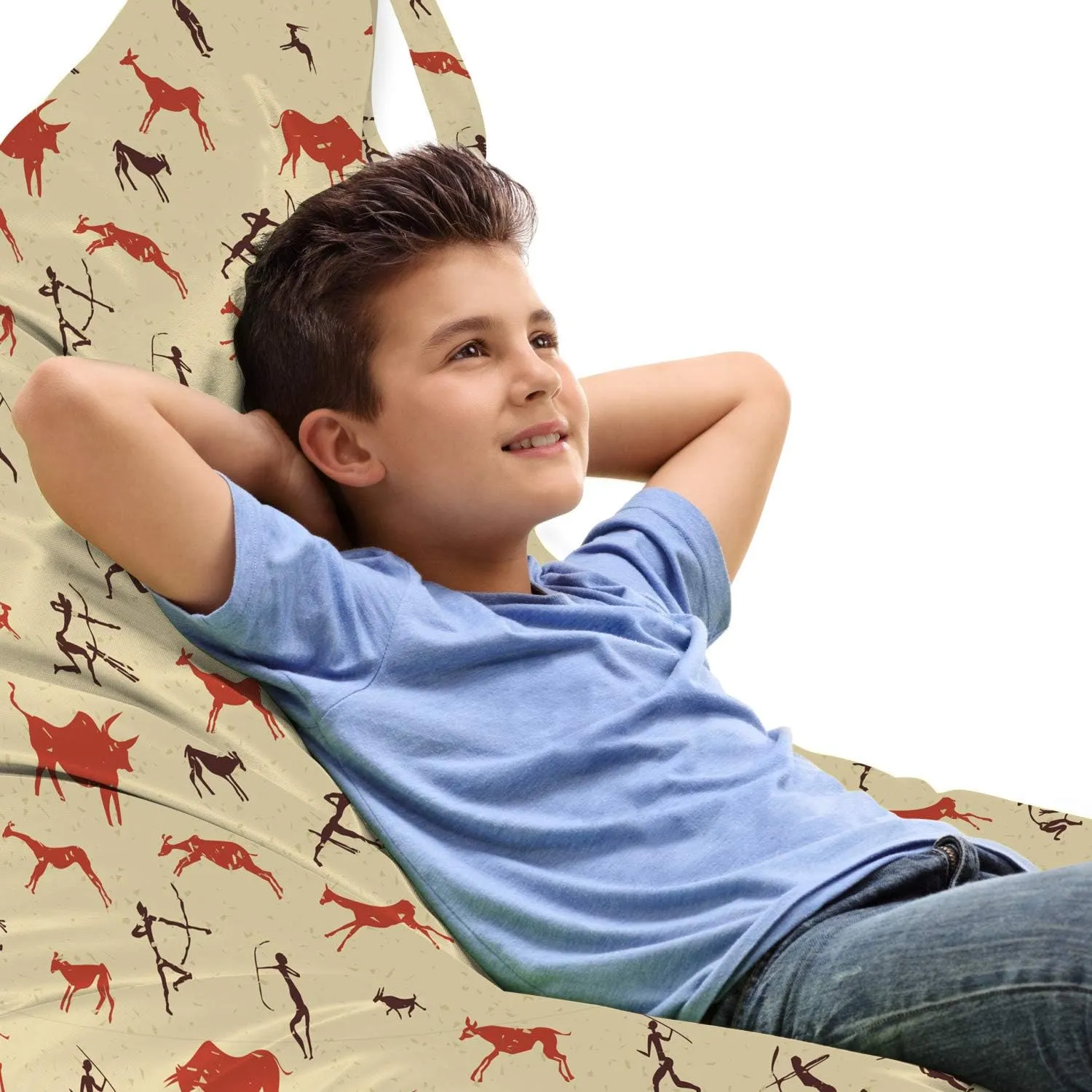 Ambesonne Deer Hunting Lounger Chair Bag, Prehistoric Bull Chasing Aboriginal Archery Pattern, High Capacity Storage with Handle Container, Lounger Size, Beige Burnt Orange