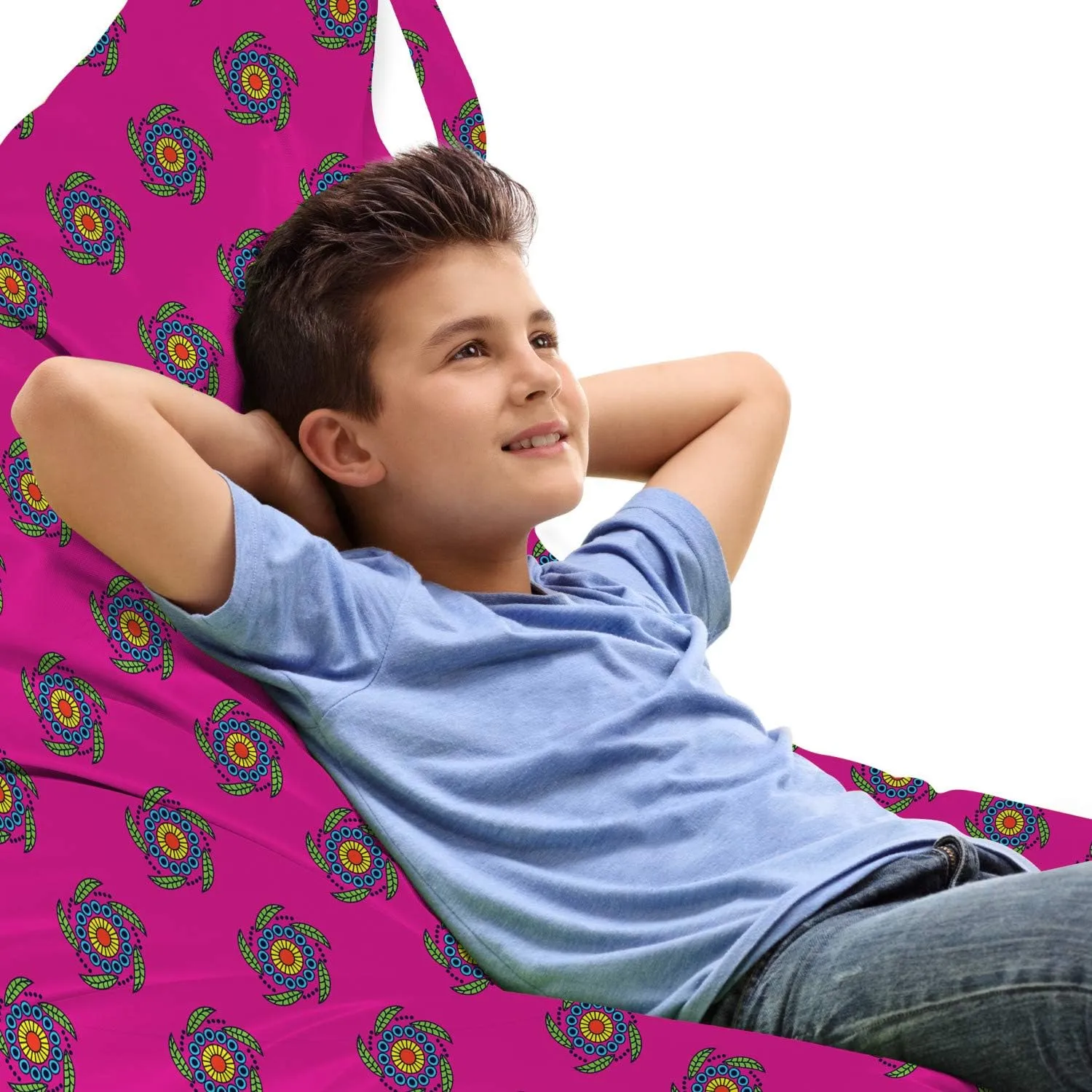 Ambesonne Ethnic Lounger Chair Bag, Windmill Inspired Flowers Made with Leaves Cicles and Polka Dots Art, High Capacity Storage with Handle Container, Lounger Size, Hot Pink Green and Blue