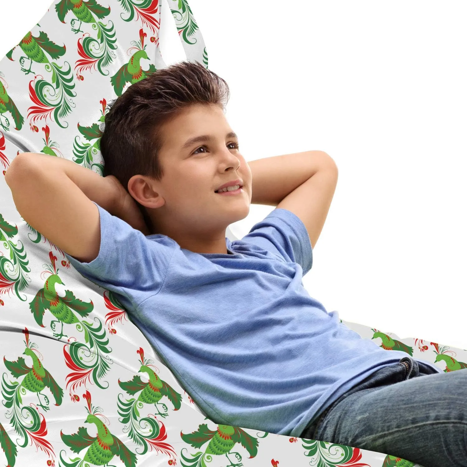 Ambesonne Green Xmas Lounger Chair Bag, Ornamental Numerous Continuous Feathery Fabulous Bird Animal Composition, High Capacity Storage with Handle Container, Lounger Size, White Vermilion