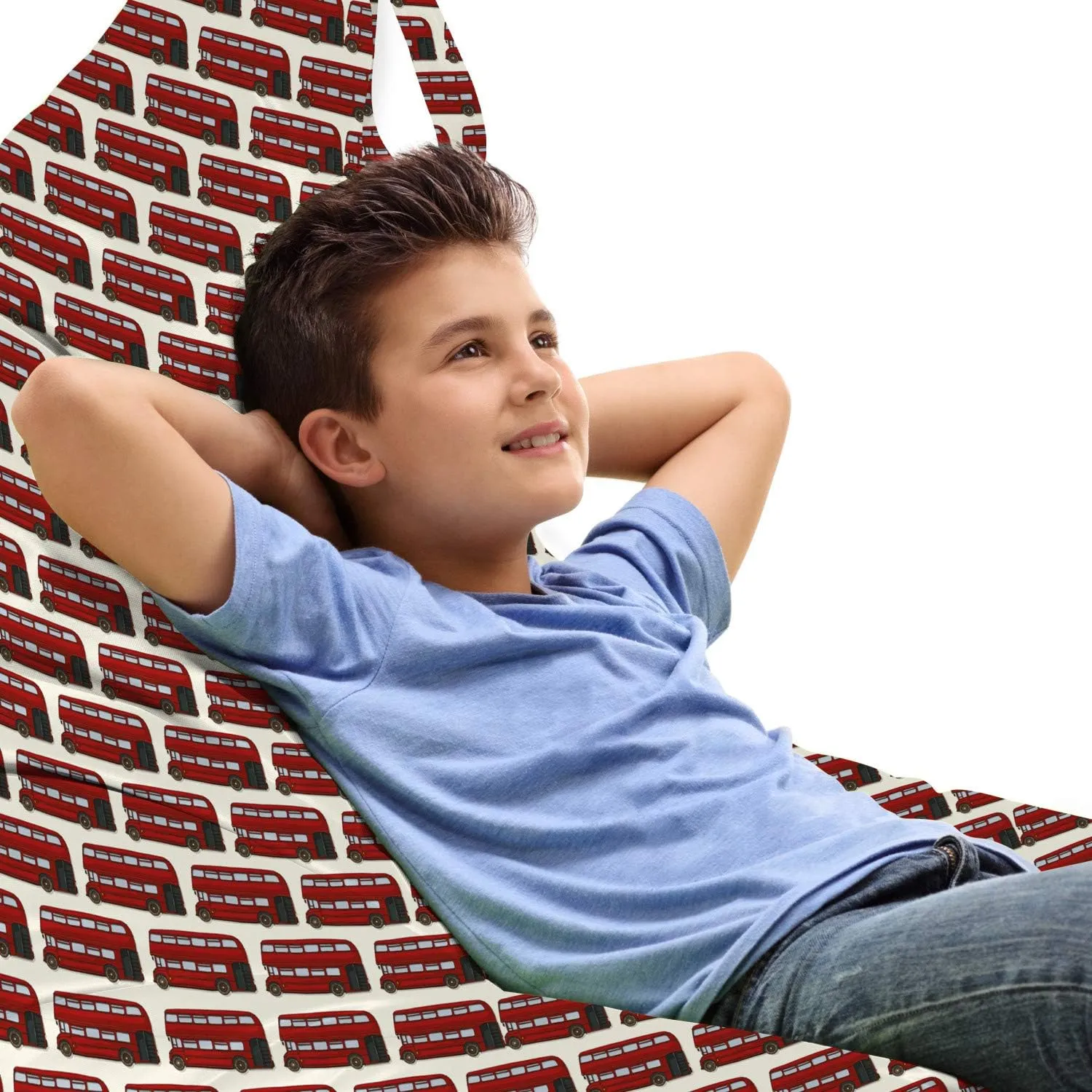Ambesonne London Lounger Chair Bag, Retro Cartoon Style Double Decker Bus Pattern UK England Travel Transportation, High Capacity Storage with Handle Container, Lounger Size, Red Grey Cream