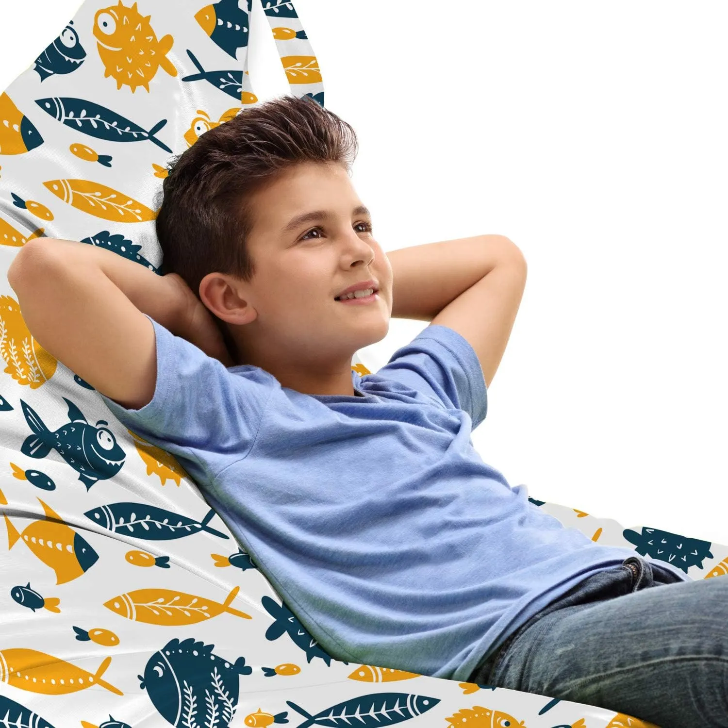 Ambesonne Nautical Lounger Chair Bag, Graphical Illustration of Ornamental Bizarre Fish Silhouettes Smiling, High Capacity Storage with Handle Container, Lounger Size, Orange Dark Teal White