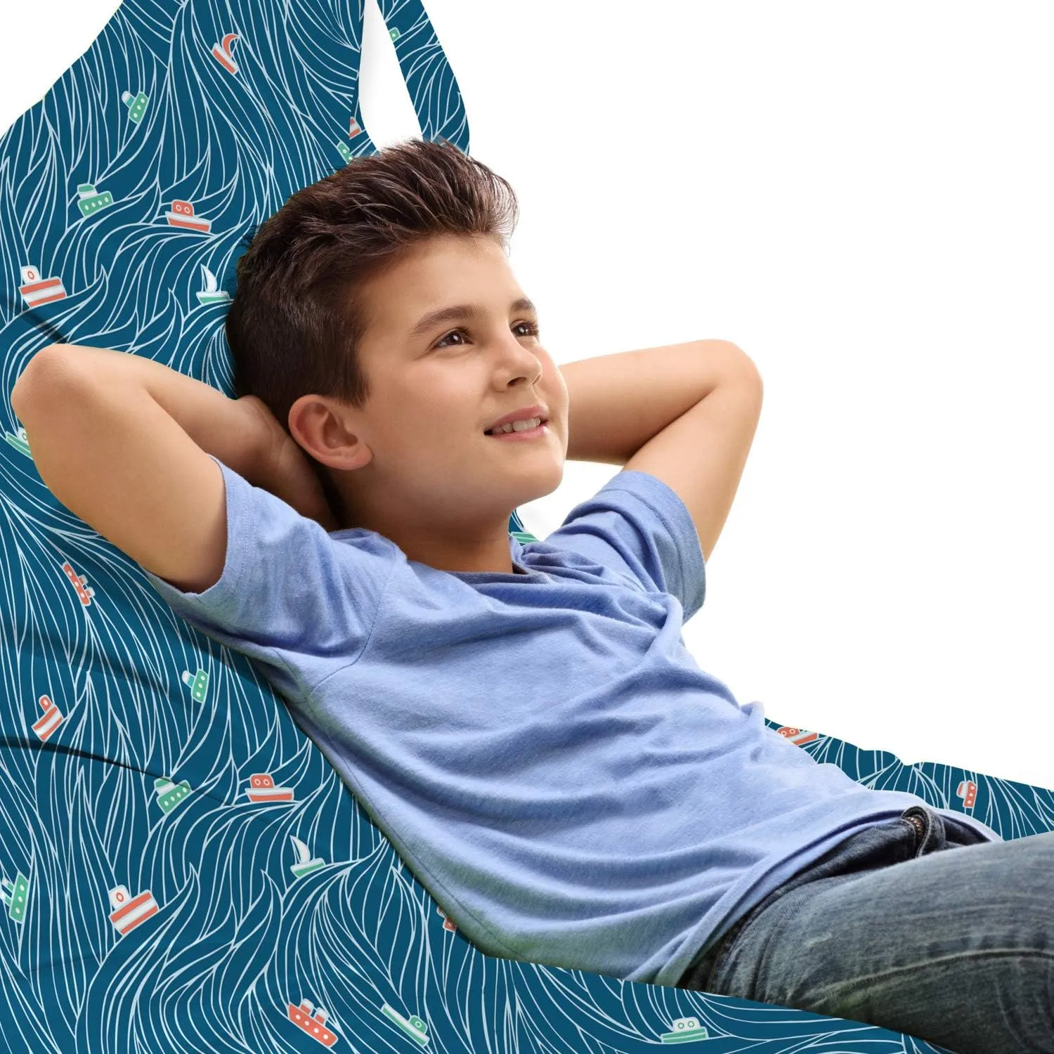 Ambesonne Nautical Lounger Chair Bag, Waves Ships Cartoon Nautical Sailboat Vacations Travel Pattern, High Capacity Storage with Handle Container, Lounger Size, Petrol Blue Jade Green