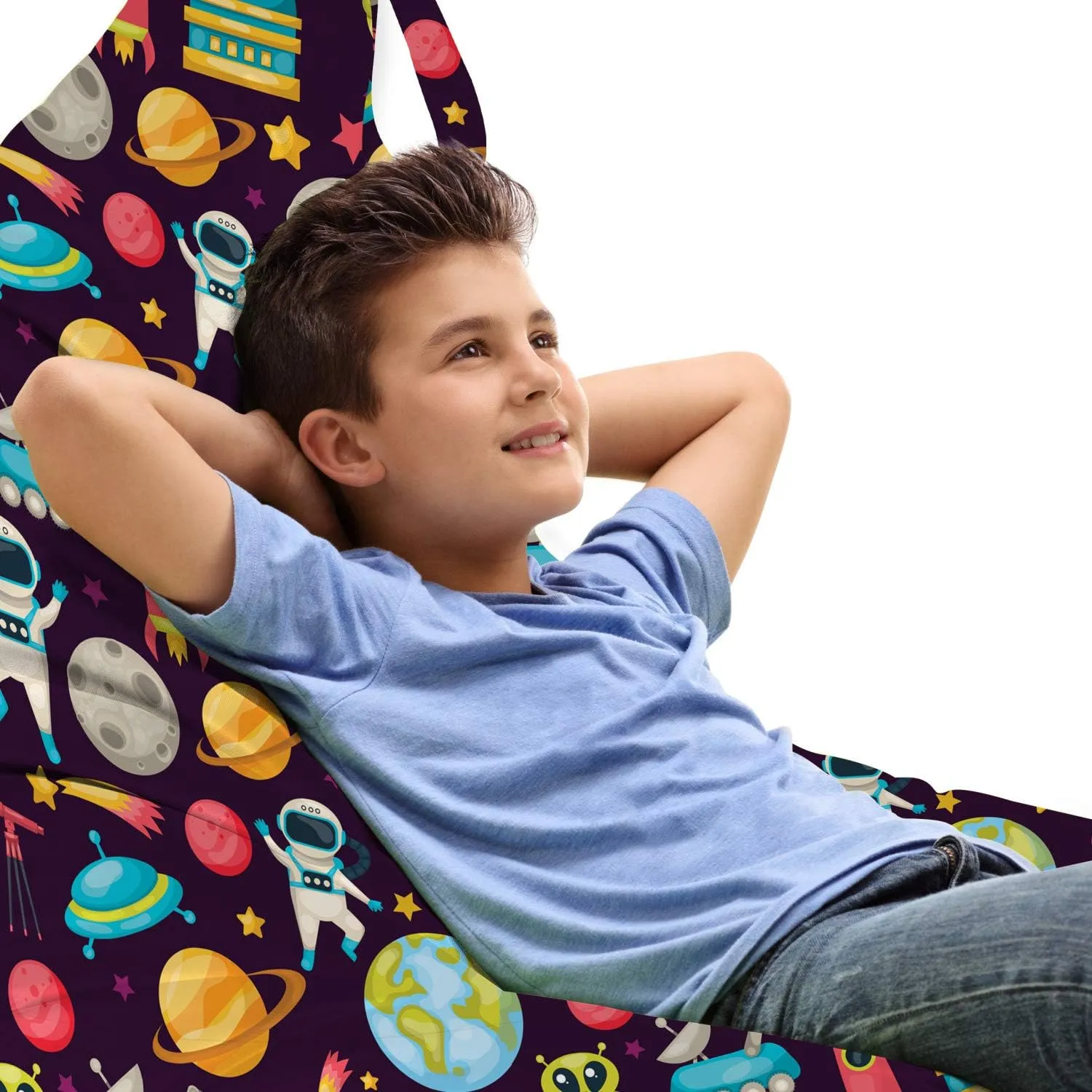 Ambesonne Outer Space Lounger Chair Bag, Galaxy Party Pattern UFO Aliens Telescope Cosmos Milky Way Mercury Neptune, High Capacity Storage with Handle Container, Lounger Size, Multicolor