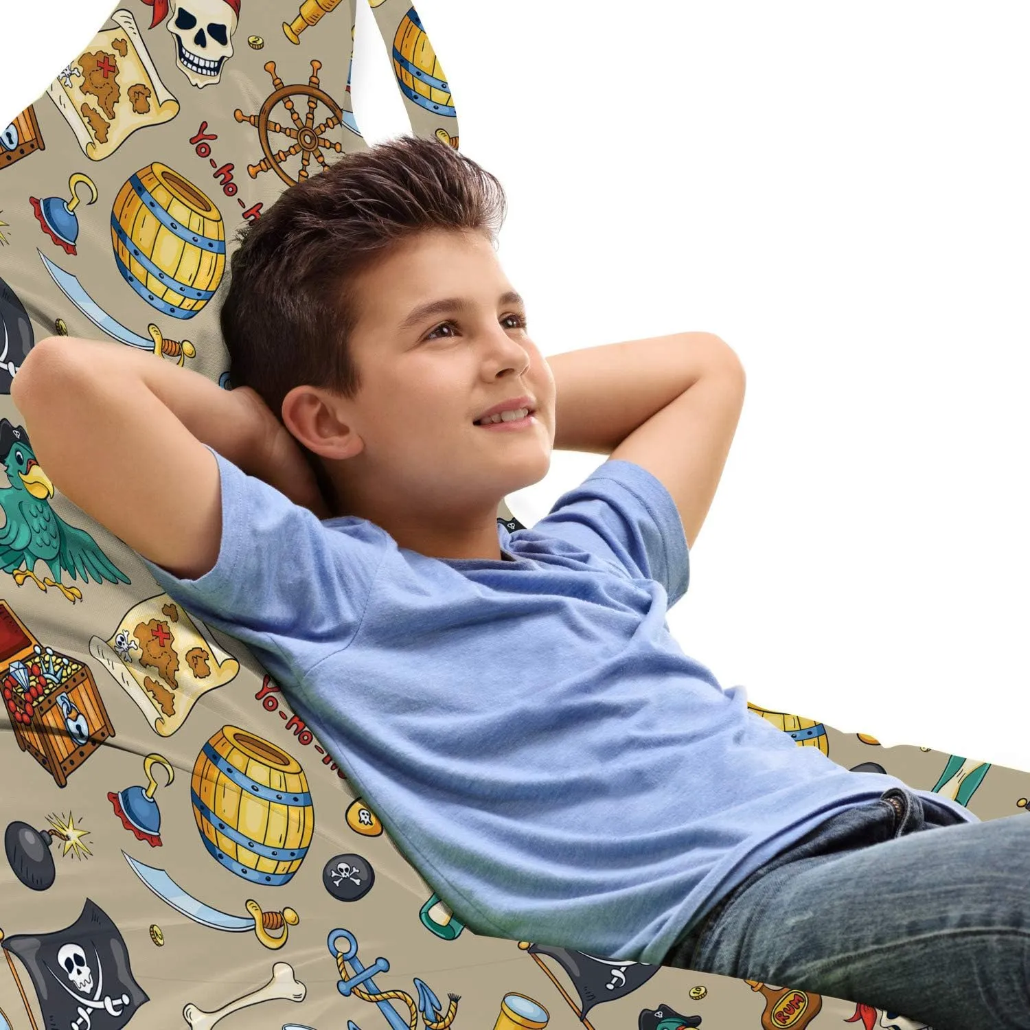 Ambesonne Pirates Lounger Chair Bag, Cheerful Sketch Cartoon Pattern with Adventurous Sea Travel Piracy Theme Elements, High Capacity Storage with Handle Container, Lounger Size, Multicolor