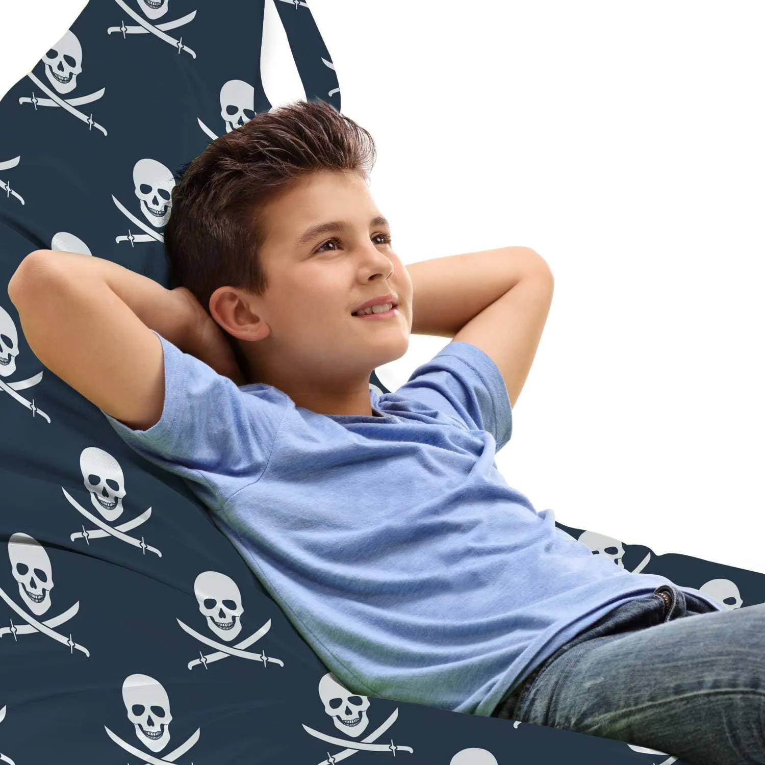 Ambesonne Pirates Lounger Chair Bag, Jolly Roger Pattern in Classic Nautical Colors Dangerous Halloween Character, High Capacity Storage with Handle Container, Lounger Size, Dark Blue White