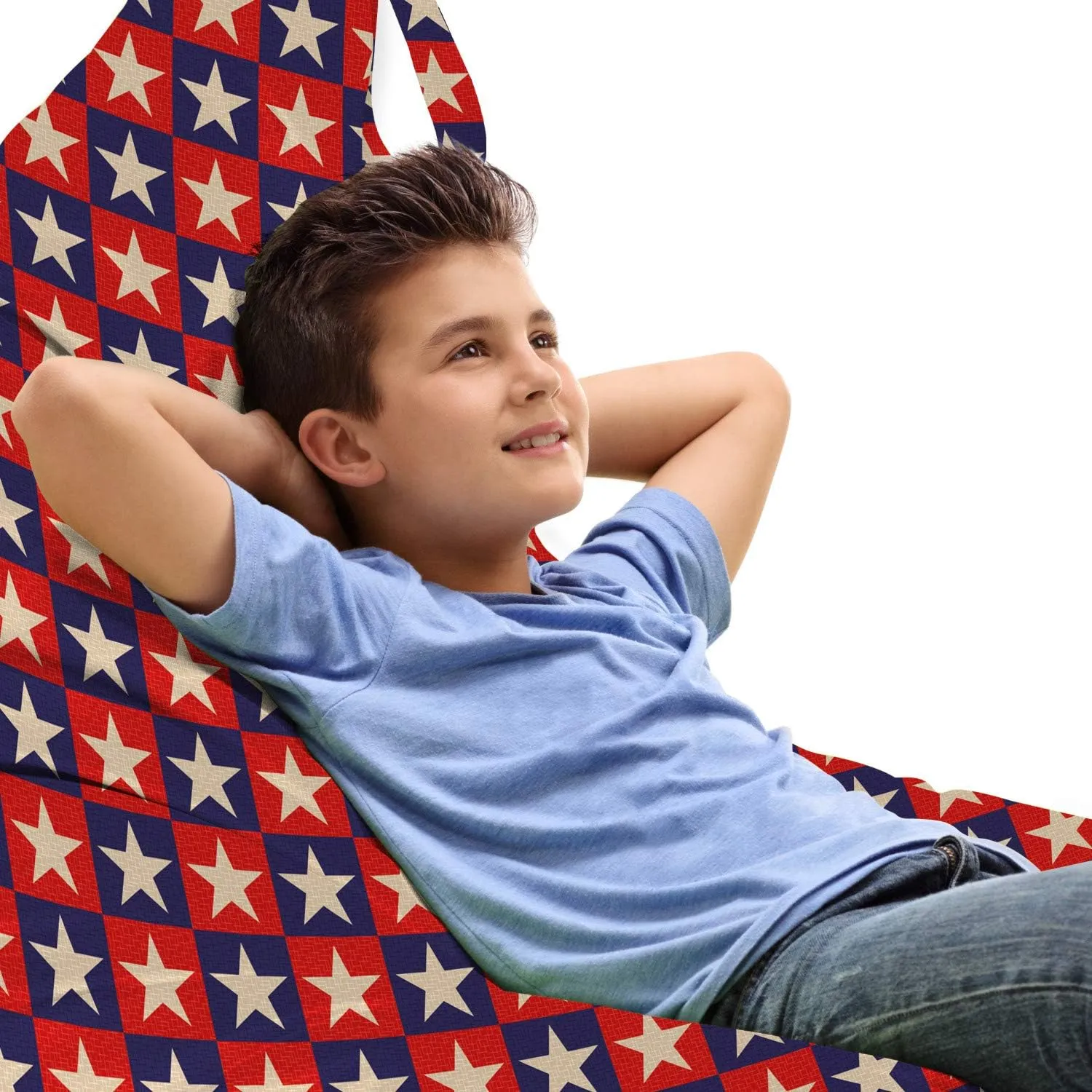 Ambesonne Prehistoric Country Lounger Chair Bag, Checkered Pattern in Navy Red with Stars National Loyalty Design, High Capacity Storage with Handle Container, Lounger Size, Cream Navy Red