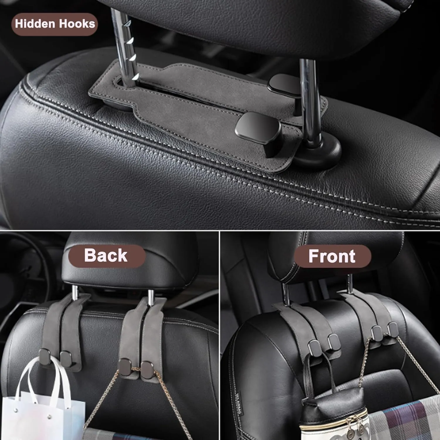 Amelity 4 Pack Car Purse Hook, Car Hooks for Purses and Bags Cute, Headrest Hooks for Car (Grey-4 Pack)