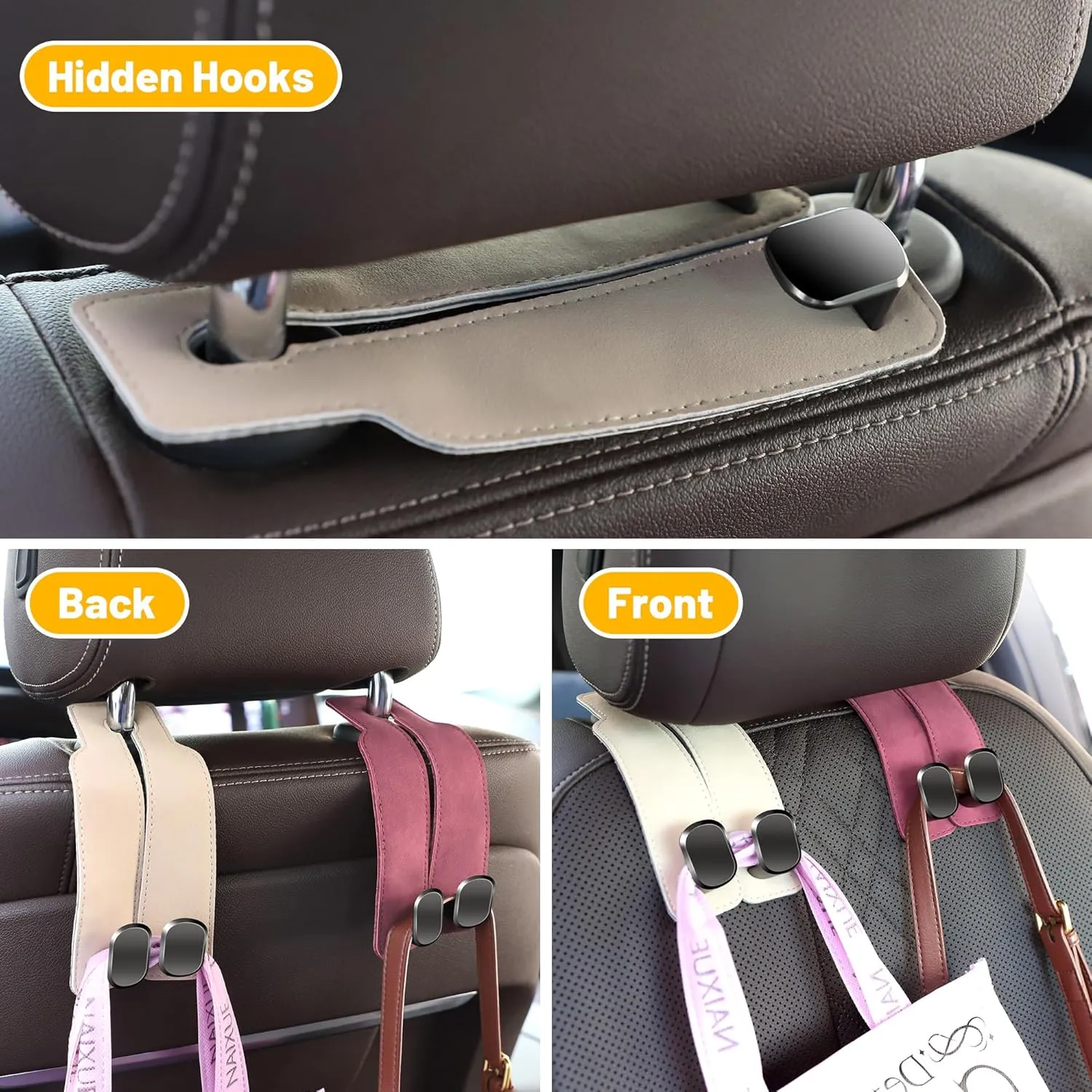 Amelity Car Seat Hooks, Car Seat Back Storage Hook, Purse Hanger for Car, Car Bag Hooks (Beige-4 Pack)