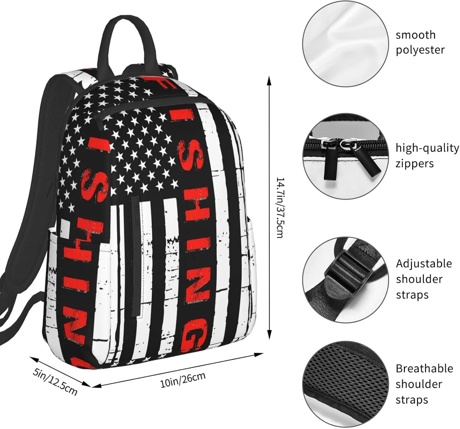 American Fishing Flag Casual Backpacks Laptop Backpack Outdoor Travel Rucksack Sport Carry-On Daypack Lightweight Bag with Multi-Pockets