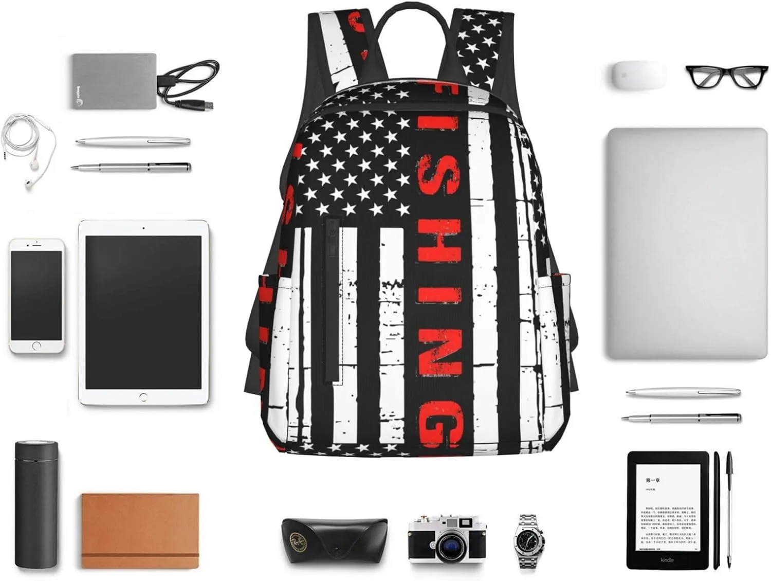 American Fishing Flag Casual Backpacks Laptop Backpack Outdoor Travel Rucksack Sport Carry-On Daypack Lightweight Bag with Multi-Pockets