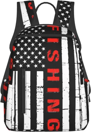 American Fishing Flag Casual Backpacks Laptop Backpack Outdoor Travel Rucksack Sport Carry-On Daypack Lightweight Bag with Multi-Pockets