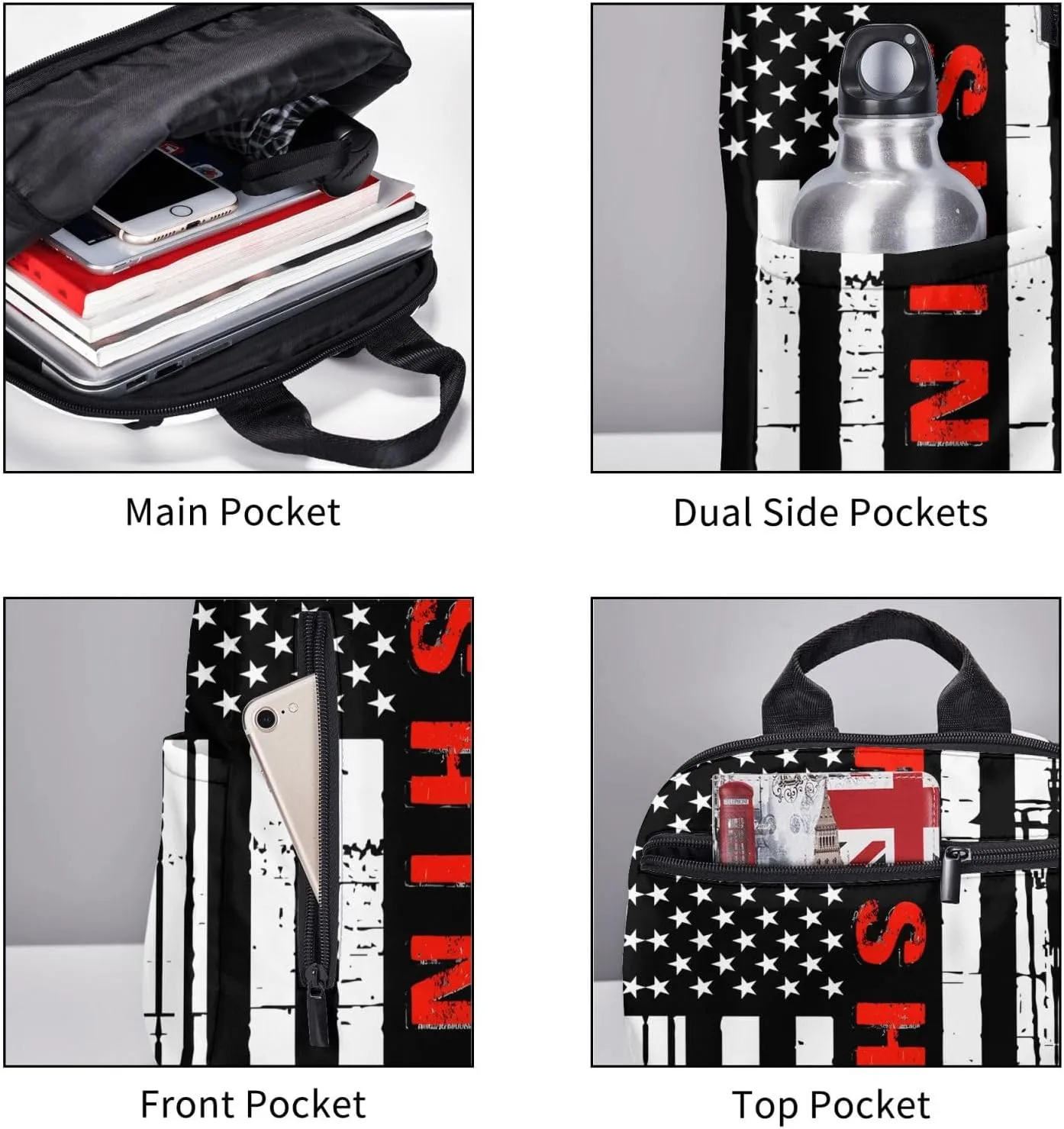 American Fishing Flag Casual Backpacks Laptop Backpack Outdoor Travel Rucksack Sport Carry-On Daypack Lightweight Bag with Multi-Pockets