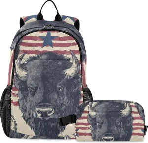 American Flag Bison Cow Backpack with Lunch Bag, Travel School Backpack for Boys Girls Kids Backpacks Set