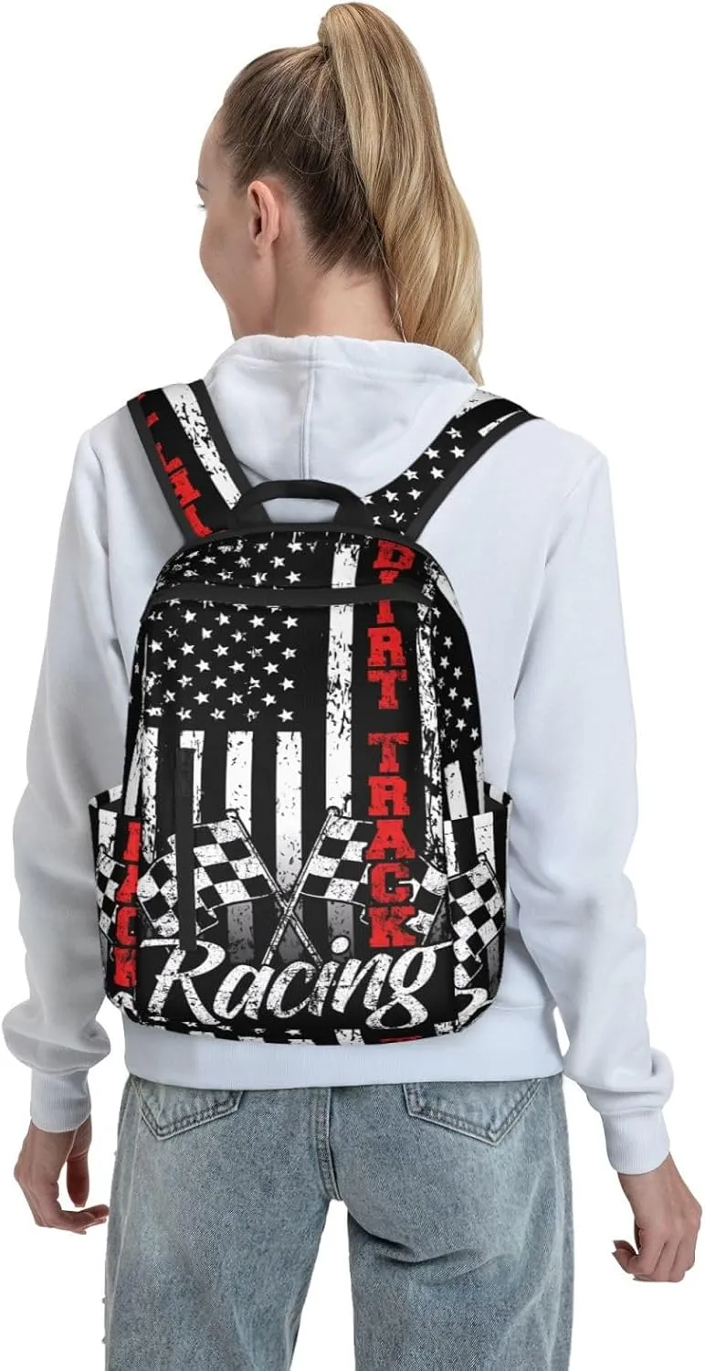 American Flag Dirt Track Racing Car Bike Driver Racer Casual Backpacks Laptop Backpack Outdoor Travel Rucksack Sport Carry-On Daypack Lightweight Bag with Multi-Pockets
