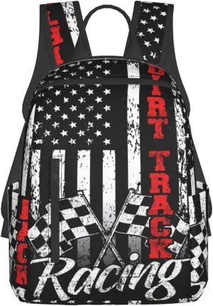 American Flag Dirt Track Racing Car Bike Driver Racer Casual Backpacks Laptop Backpack Outdoor Travel Rucksack Sport Carry-On Daypack Lightweight Bag with Multi-Pockets
