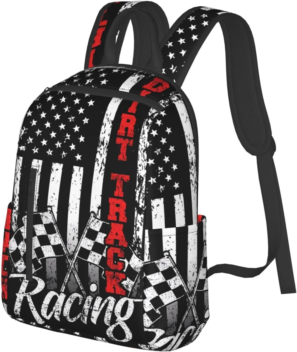 American Flag Dirt Track Racing Car Bike Driver Racer Casual Backpacks Laptop Backpack Outdoor Travel Rucksack Sport Carry-On Daypack Lightweight Bag with Multi-Pockets