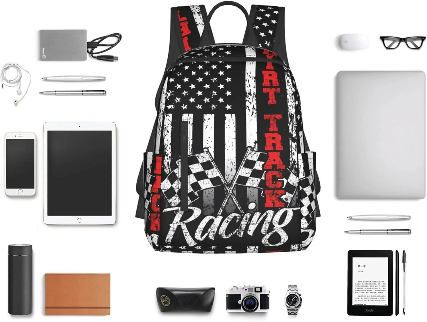 American Flag Dirt Track Racing Car Bike Driver Racer Casual Backpacks Laptop Backpack Outdoor Travel Rucksack Sport Carry-On Daypack Lightweight Bag with Multi-Pockets