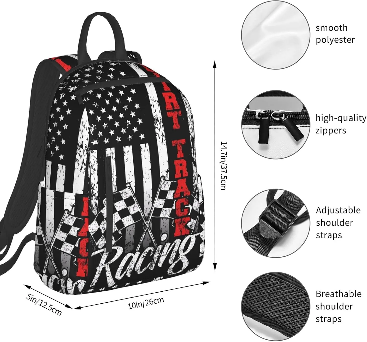 American Flag Dirt Track Racing Car Bike Driver Racer Casual Backpacks Laptop Backpack Outdoor Travel Rucksack Sport Carry-On Daypack Lightweight Bag with Multi-Pockets