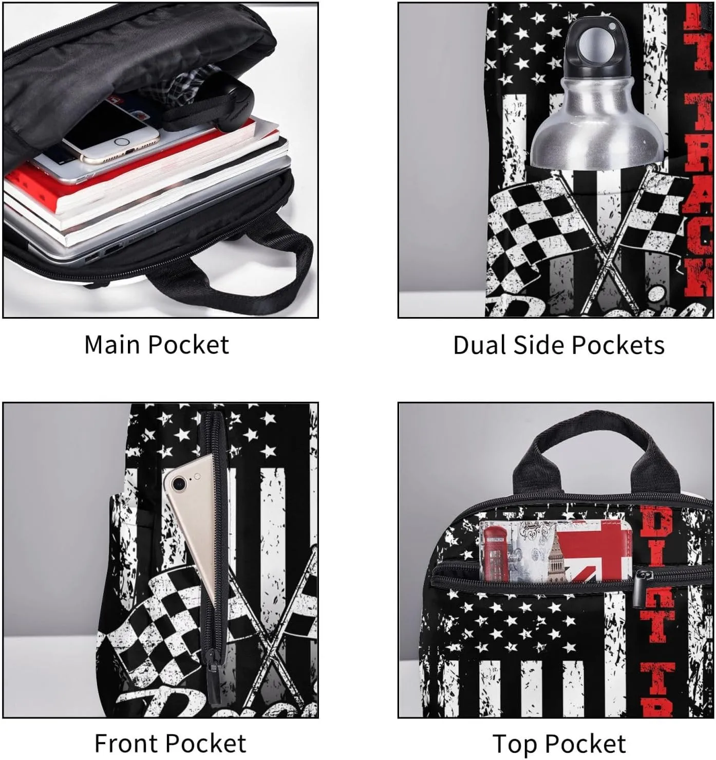 American Flag Dirt Track Racing Car Bike Driver Racer Casual Backpacks Laptop Backpack Outdoor Travel Rucksack Sport Carry-On Daypack Lightweight Bag with Multi-Pockets