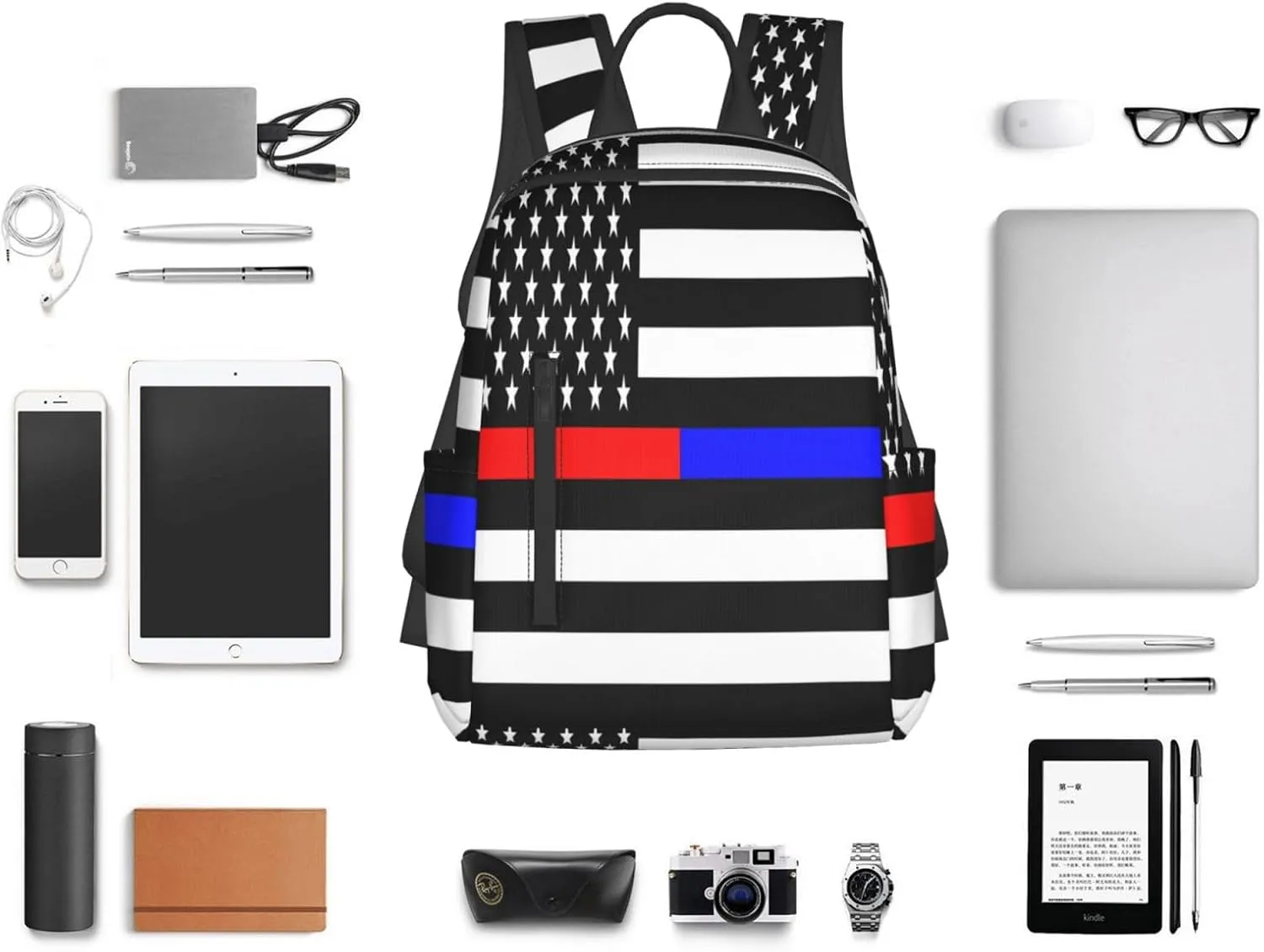 American Flags Thin Blue Red Line Casual Backpacks Laptop Backpack Outdoor Travel Rucksack Sport Carry-On Daypack Lightweight Bag with Multi-Pockets