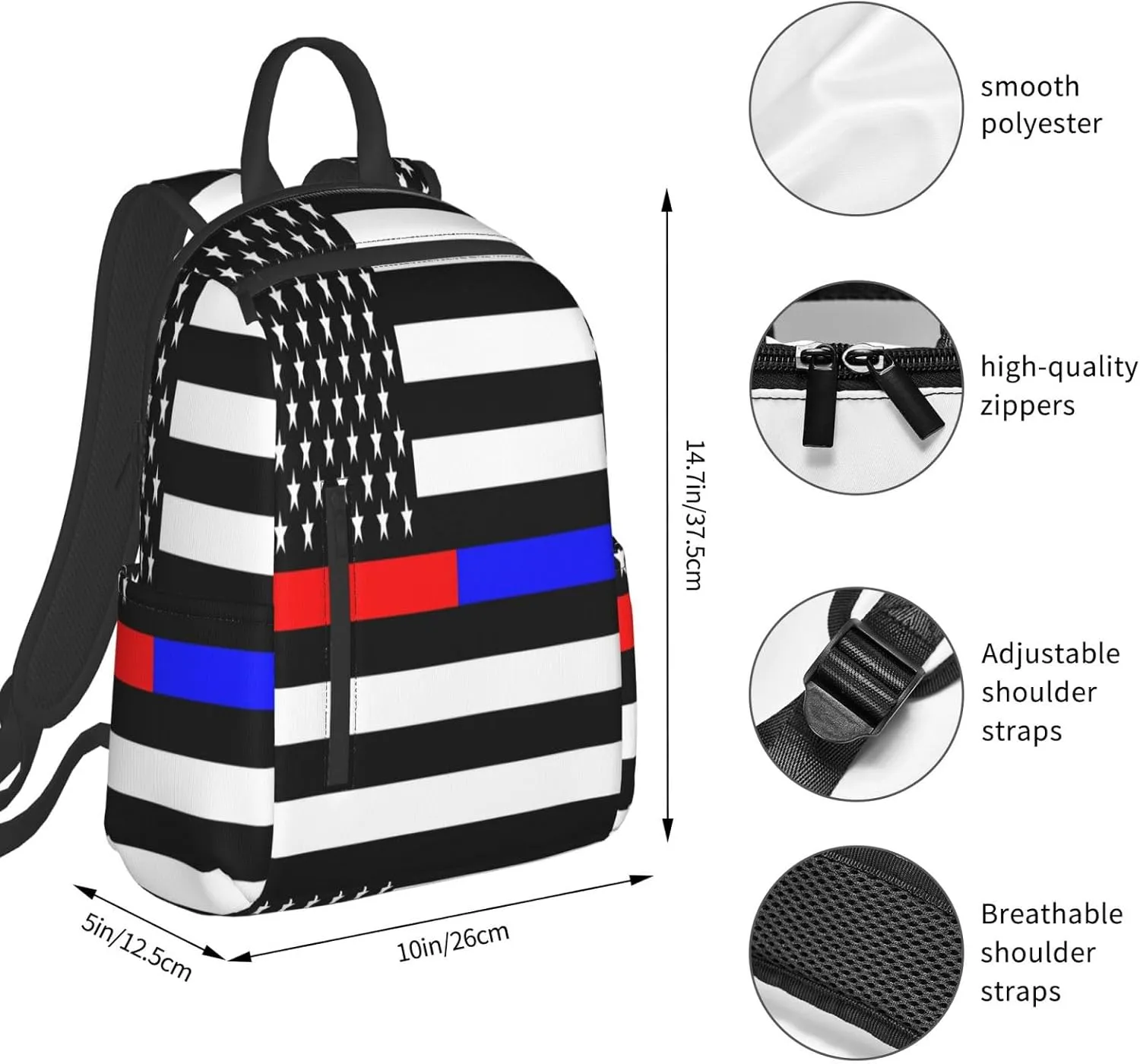 American Flags Thin Blue Red Line Casual Backpacks Laptop Backpack Outdoor Travel Rucksack Sport Carry-On Daypack Lightweight Bag with Multi-Pockets