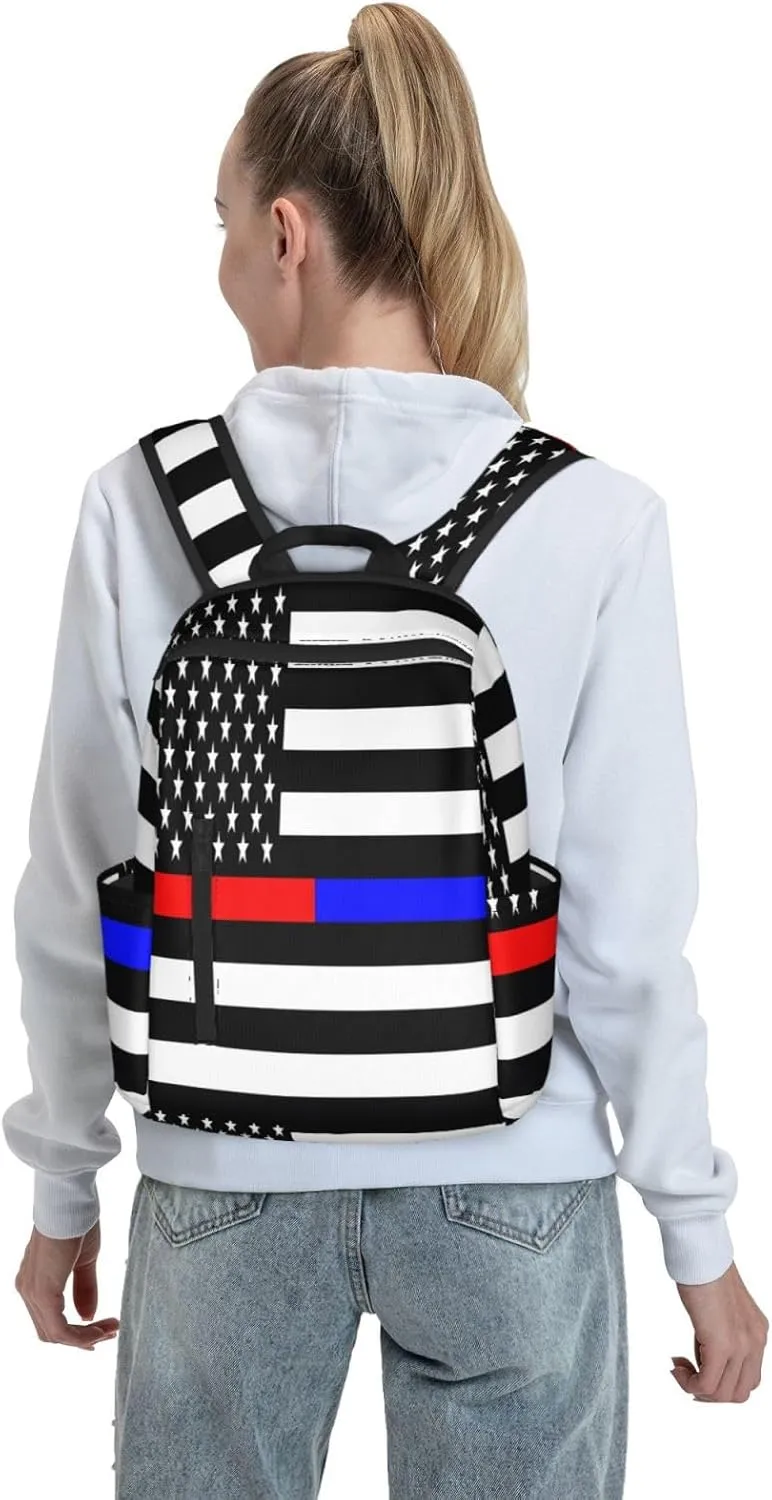 American Flags Thin Blue Red Line Casual Backpacks Laptop Backpack Outdoor Travel Rucksack Sport Carry-On Daypack Lightweight Bag with Multi-Pockets