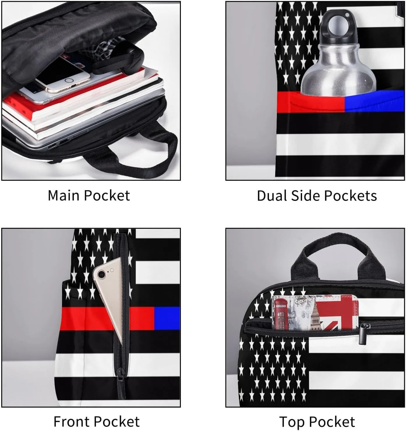 American Flags Thin Blue Red Line Casual Backpacks Laptop Backpack Outdoor Travel Rucksack Sport Carry-On Daypack Lightweight Bag with Multi-Pockets