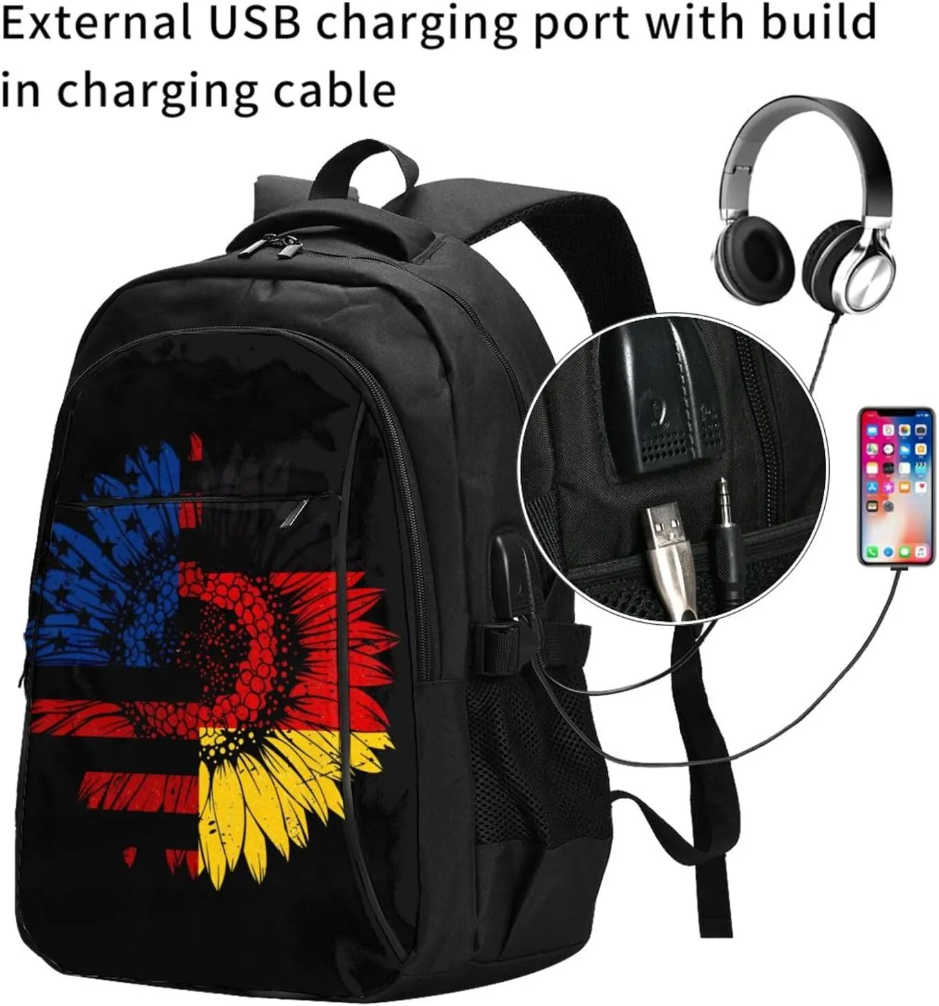 American German Germany Flag Travel Backpacks Casual Backpack Large Capacity Laptop Rucksack Luggage Daypacks with USB Charging Port Multi-Pockets Bags for Hiking