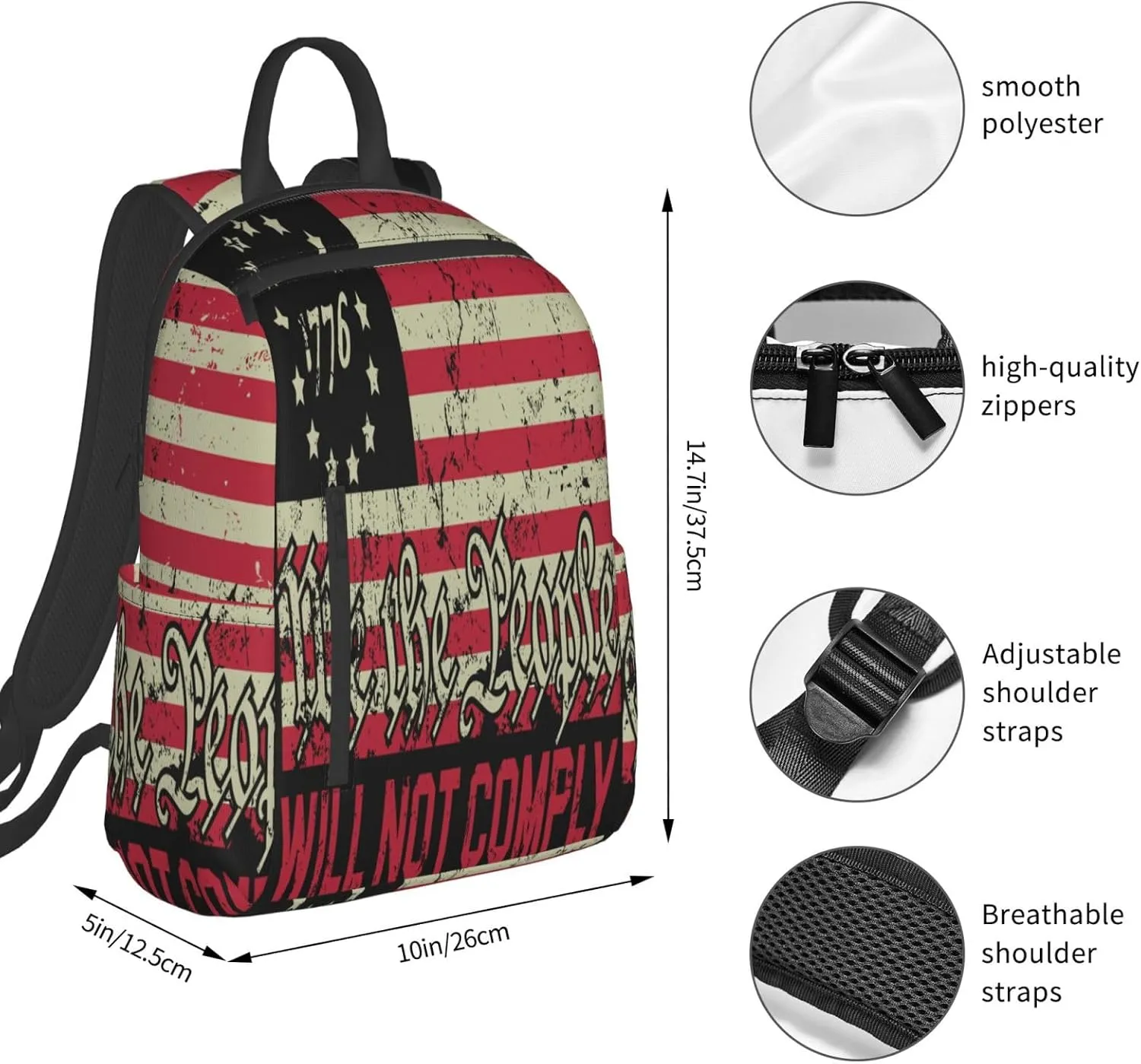 American Independence Day American Flag 1776 We The People I Will Not Comply Casual Backpacks Laptop Backpack Outdoor Travel Rucksack Sport Carry-On Daypack Lightweight Bag with Multi-Pockets