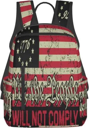 American Independence Day American Flag 1776 We The People I Will Not Comply Casual Backpacks Laptop Backpack Outdoor Travel Rucksack Sport Carry-On Daypack Lightweight Bag with Multi-Pockets
