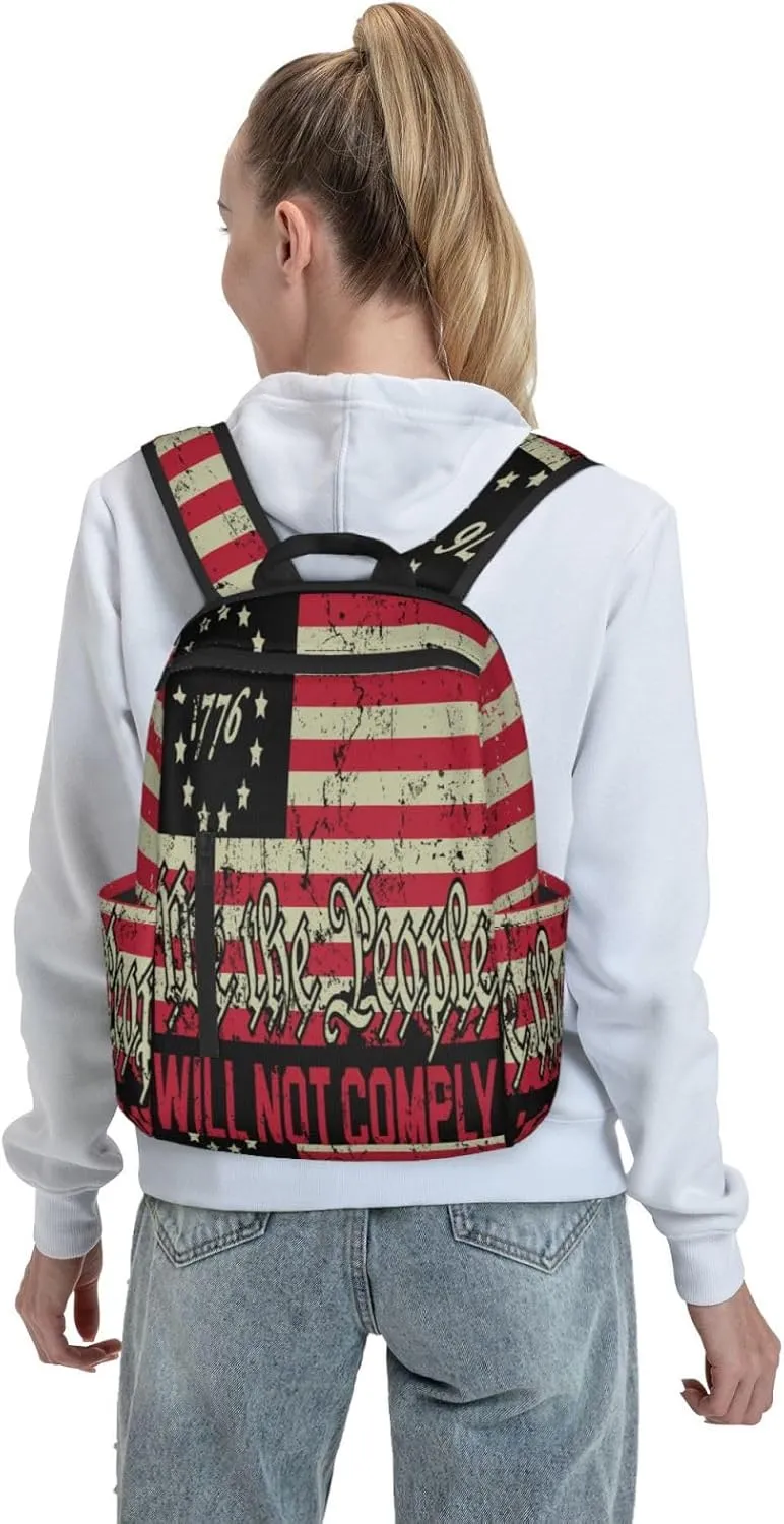 American Independence Day American Flag 1776 We The People I Will Not Comply Casual Backpacks Laptop Backpack Outdoor Travel Rucksack Sport Carry-On Daypack Lightweight Bag with Multi-Pockets