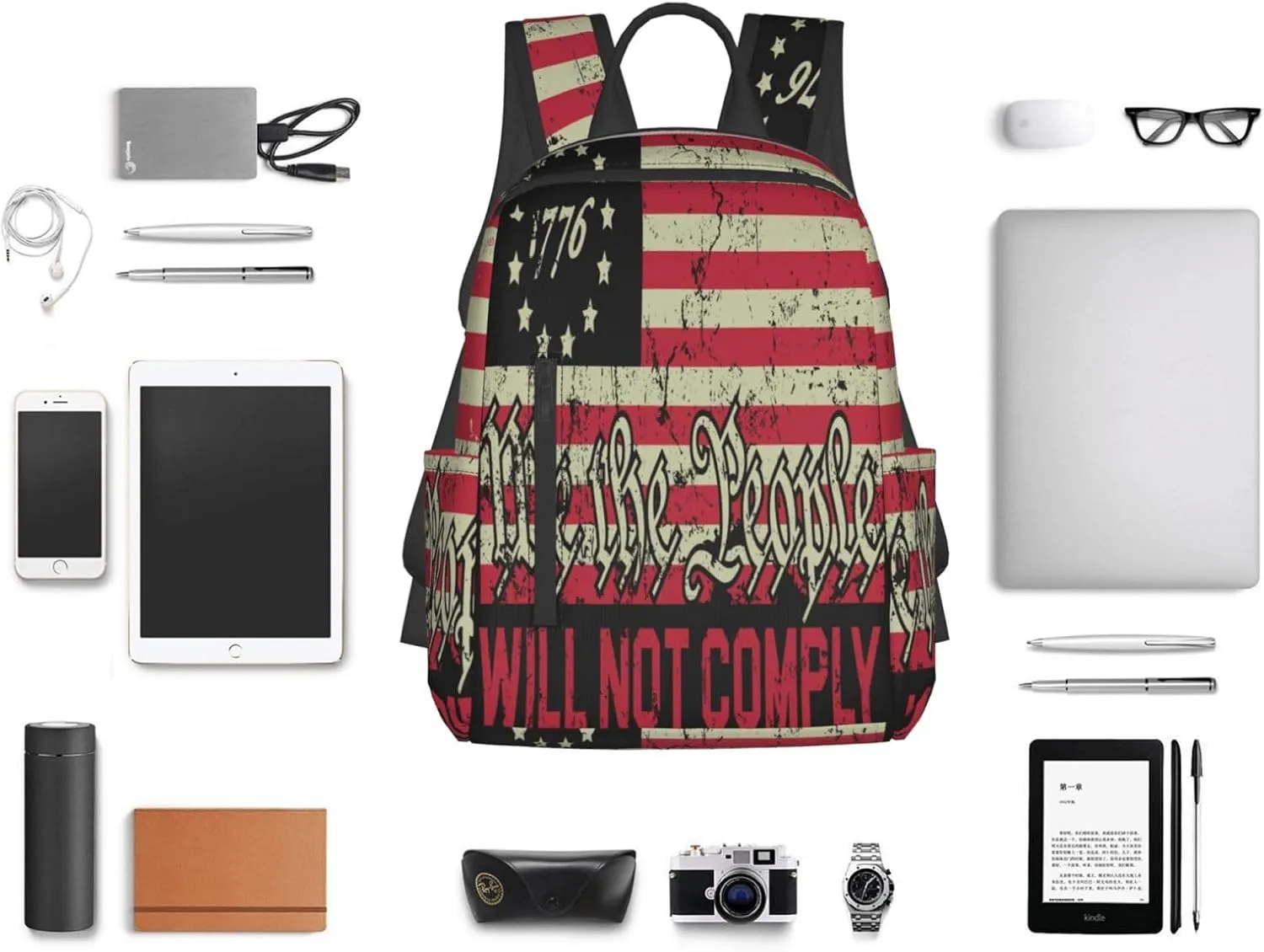 American Independence Day American Flag 1776 We The People I Will Not Comply Casual Backpacks Laptop Backpack Outdoor Travel Rucksack Sport Carry-On Daypack Lightweight Bag with Multi-Pockets