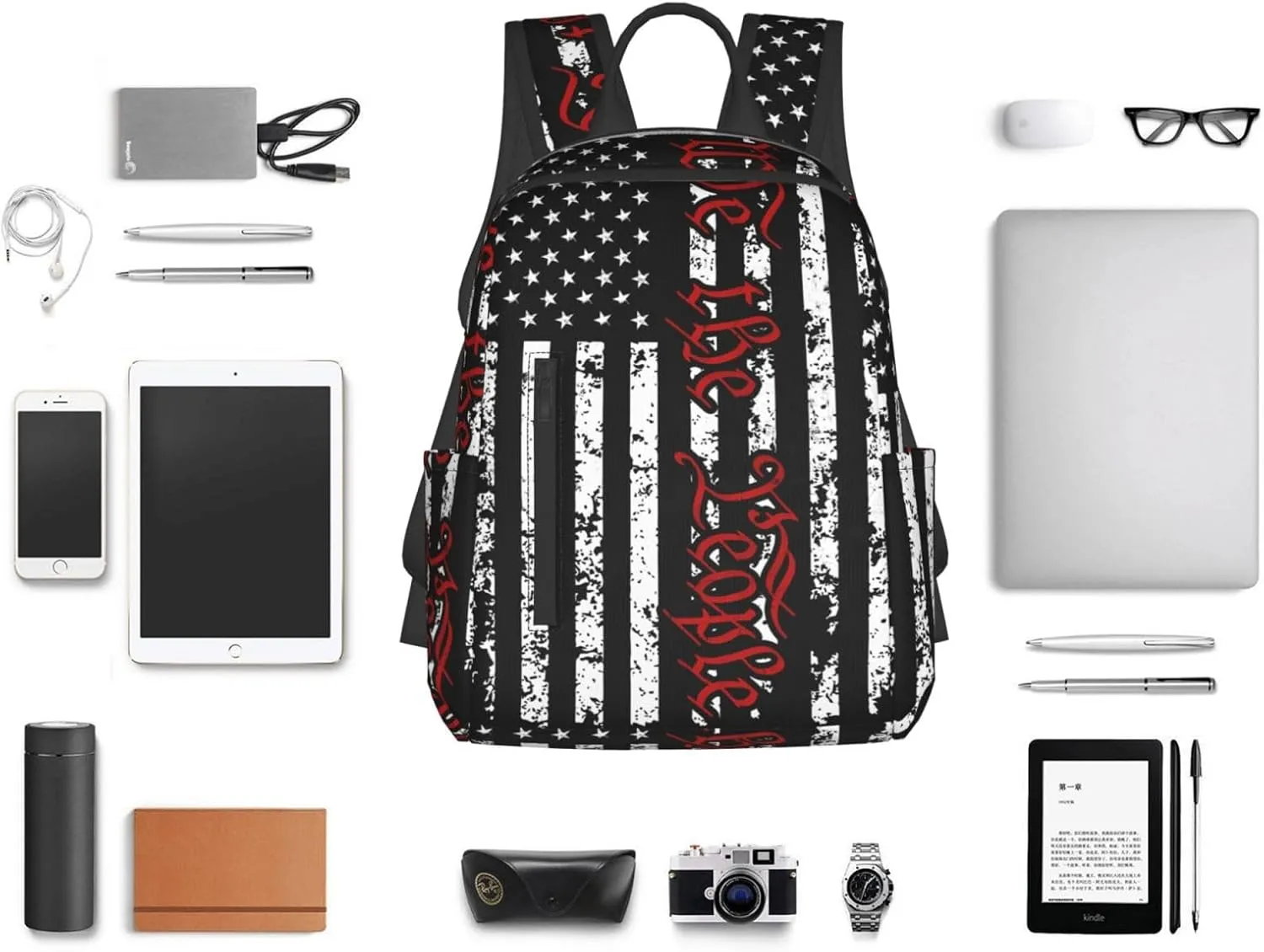 American Independence Day American Flag We the People 1776 Casual Backpacks Laptop Backpack Outdoor Travel Rucksack Sport Carry-On Daypack Lightweight Bag with Multi-Pockets