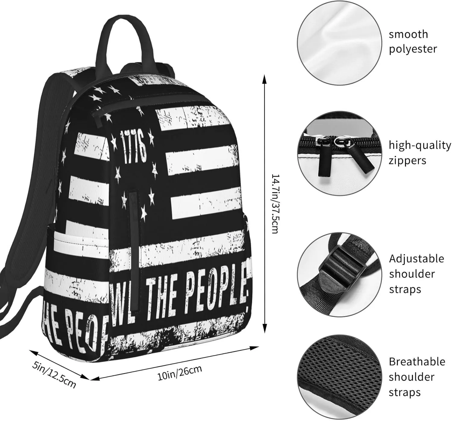 American Independence Day American Flags We The People 1776 Casual Backpacks Laptop Backpack Outdoor Travel Rucksack Sport Carry-On Daypack Lightweight Bag with Multi-Pockets