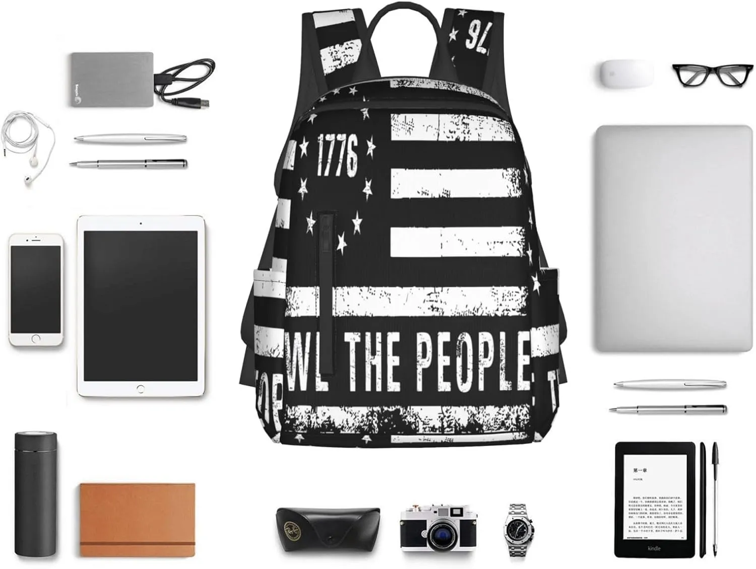 American Independence Day American Flags We The People 1776 Casual Backpacks Laptop Backpack Outdoor Travel Rucksack Sport Carry-On Daypack Lightweight Bag with Multi-Pockets