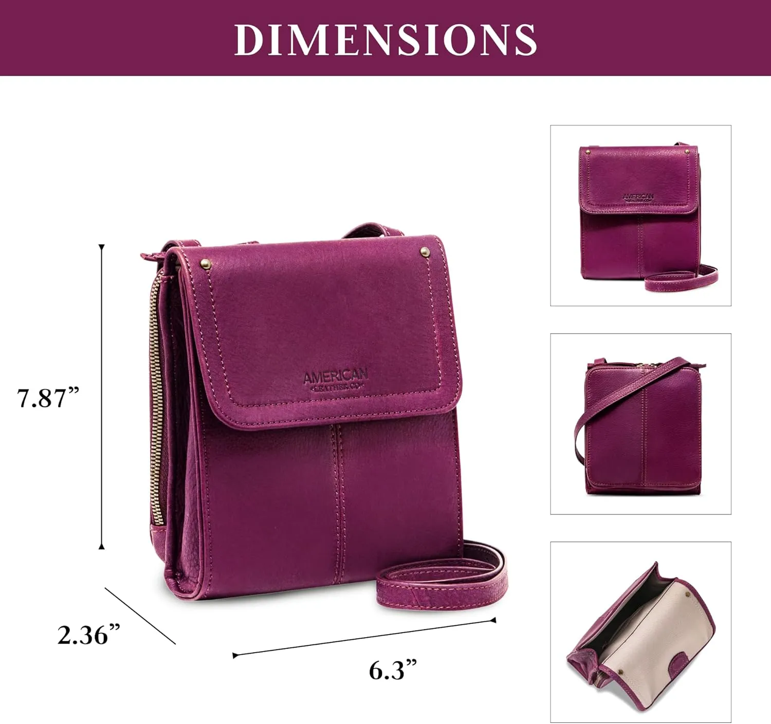 American Leather Kansas Crossbody HandBag, 100% Genuine Leather Purse, Multi-Pocket Sling Bag & Adjustable Straps for Women