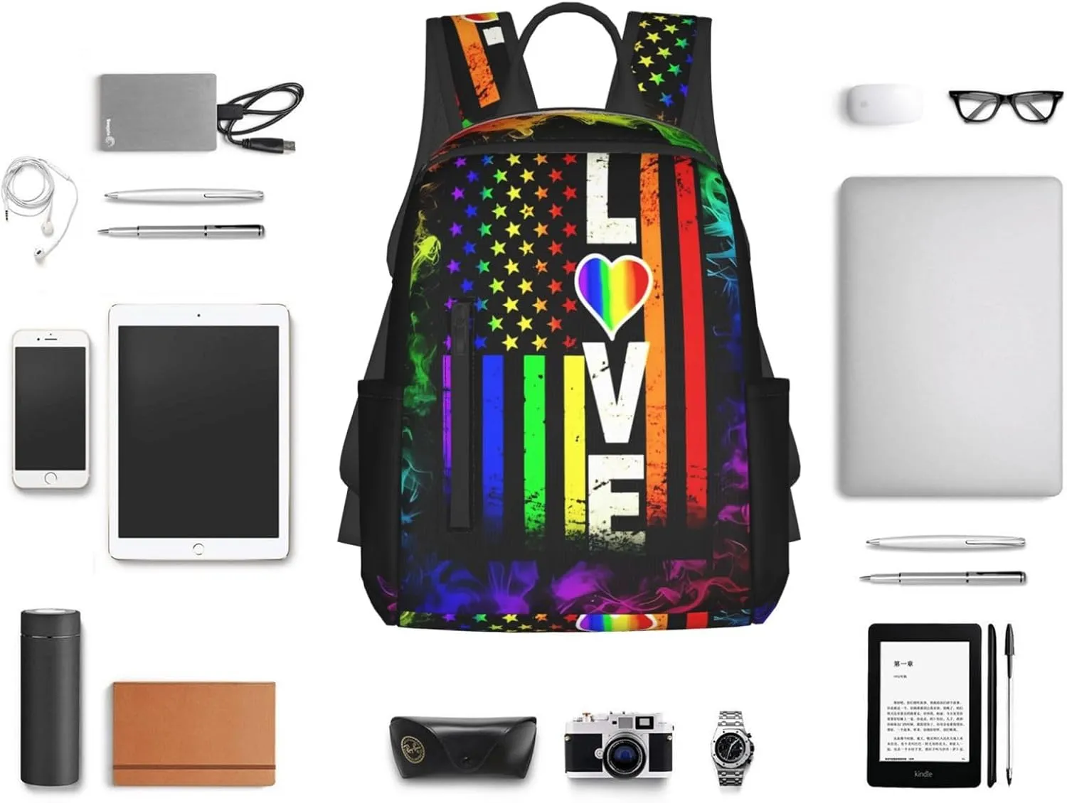 American Love Flag Rainbow Pride Lesbian Equal LGBT Travel Laptop Backpack Casual Backpacks Double Shoulder Daypack Notebook Rucksack Work Bags Sports Bag for Hiking Camping Beach
